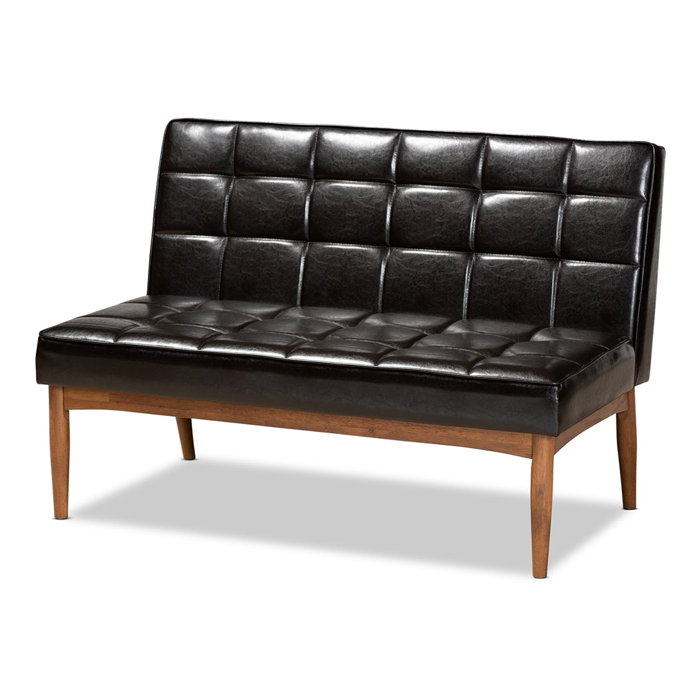 Baxton Studio Sanford Mid-Century Modern Dark Brown Faux Leather Upholstered And Walnut Brown Finished Wood 2-Piece Dining Nook Banquette Set