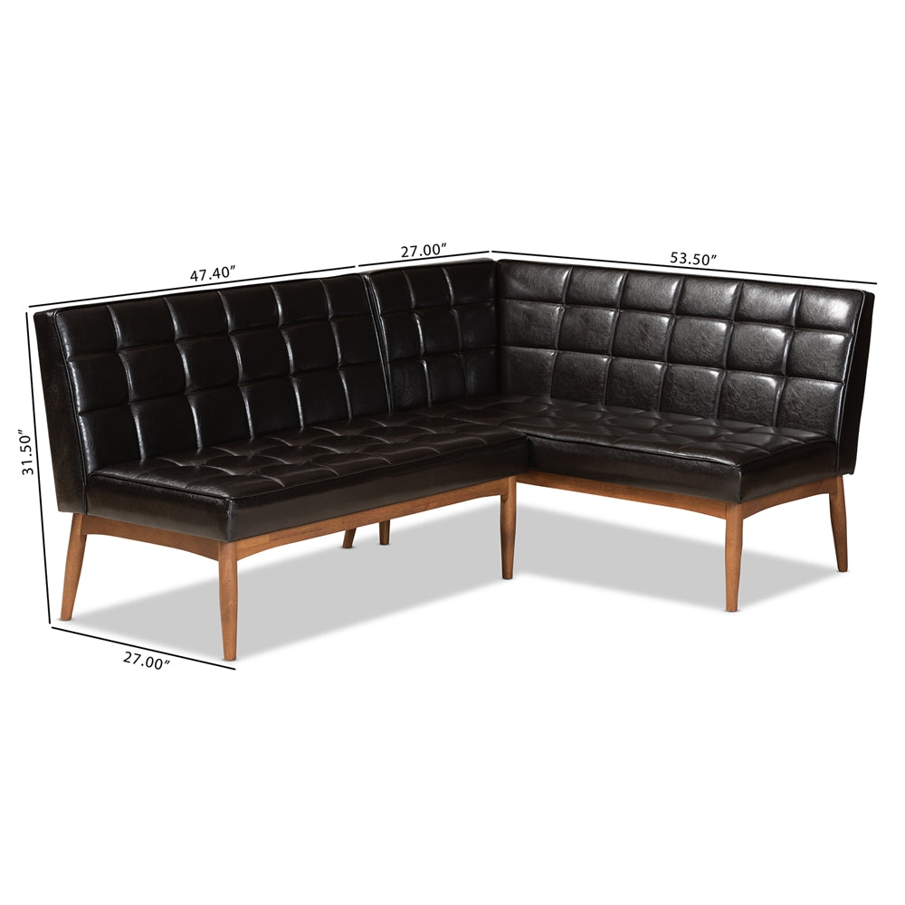 Baxton Studio Sanford Mid-Century Modern Dark Brown Faux Leather Upholstered And Walnut Brown Finished Wood 2-Piece Dining Nook Banquette Set