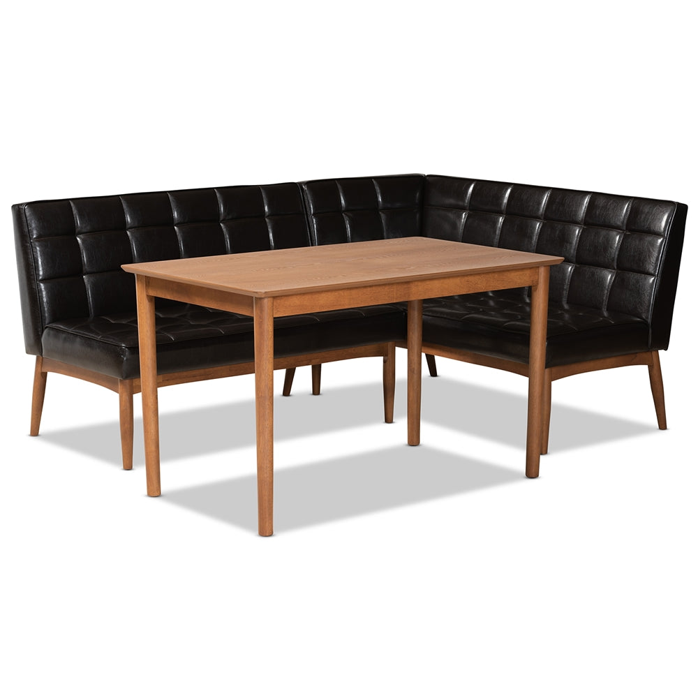 Baxton Studio Sanford Mid-Century Modern Dark Brown Faux Leather Upholstered And Walnut Brown Finished Wood 3-Piece Dining Nook Set