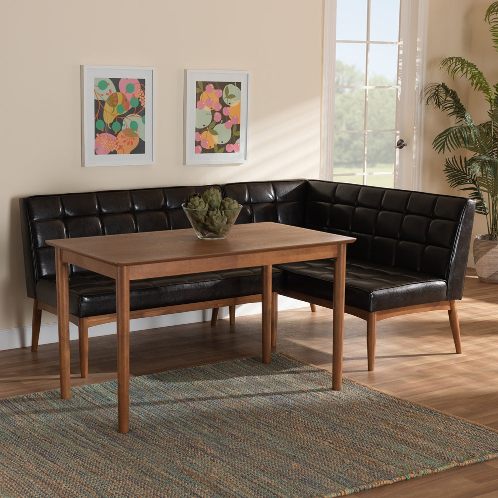 Baxton Studio Sanford Mid-Century Modern Dark Brown Faux Leather Upholstered And Walnut Brown Finished Wood 3-Piece Dining Nook Set