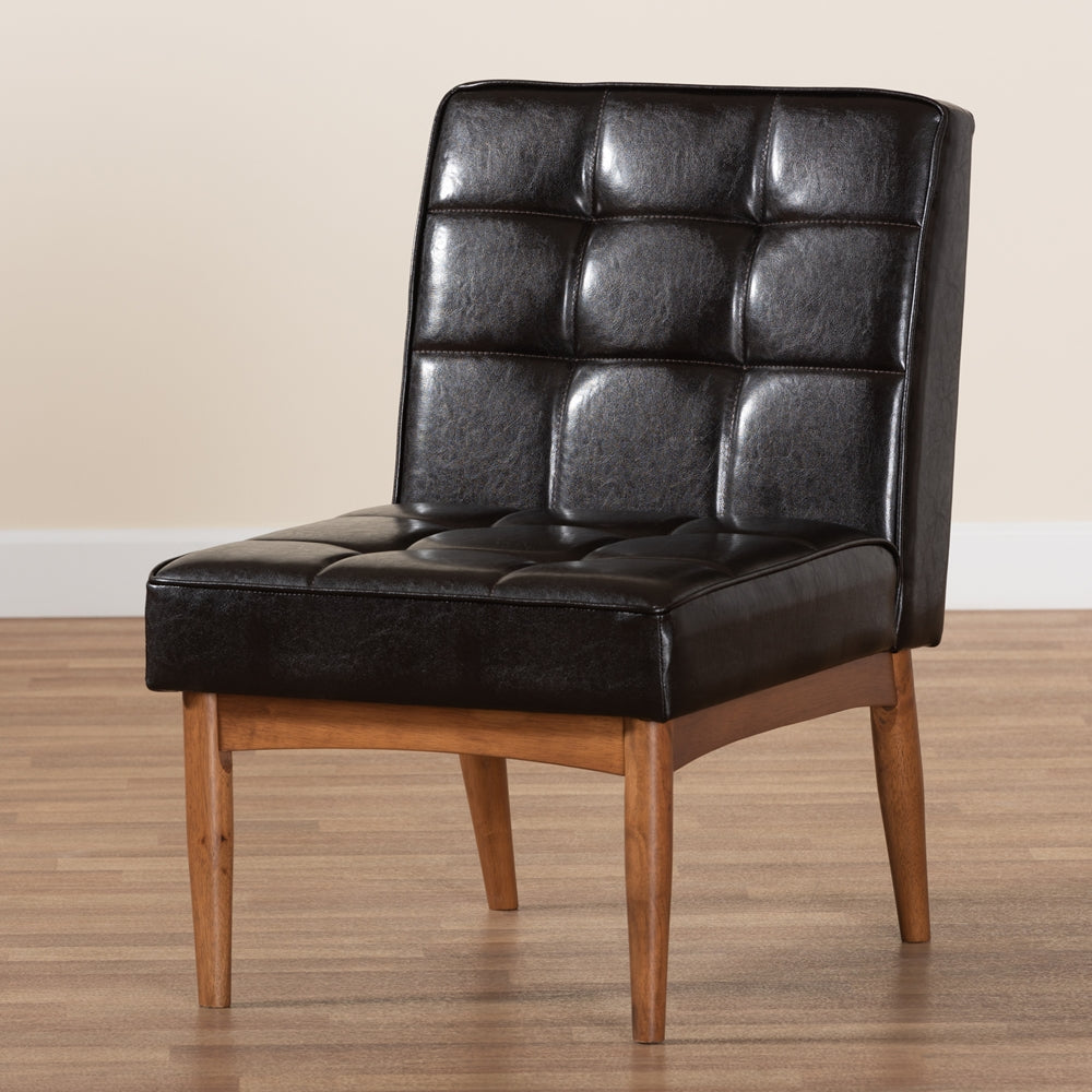 Baxton Studio Sanford Mid-Century Modern Dark Brown Faux Leather Upholstered And Walnut Brown Finished Wood Dining Chair