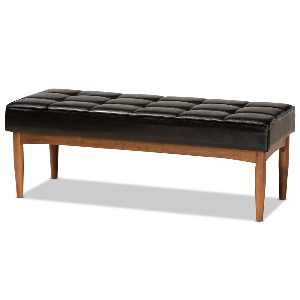 Baxton Studio Sanford Mid-Century Modern Dark Brown Faux Leather Upholstered And Walnut Brown Finished Wood Dining Bench