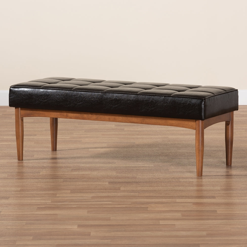 Baxton Studio Sanford Mid-Century Modern Dark Brown Faux Leather Upholstered And Walnut Brown Finished Wood Dining Bench