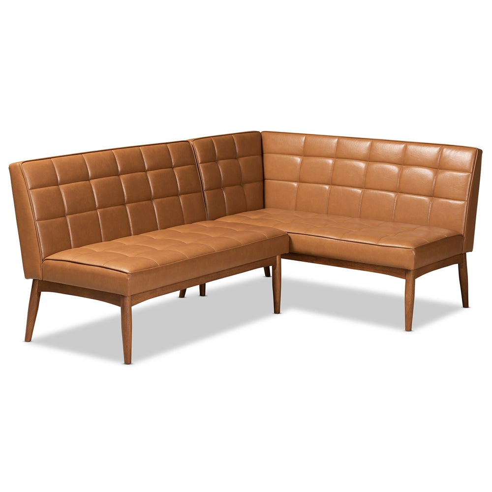 Baxton Studio Sanford Mid-Century Modern Tan Faux Leather Upholstered And Walnut Brown Finished Wood 2-Piece Dining Nook Banquette Set