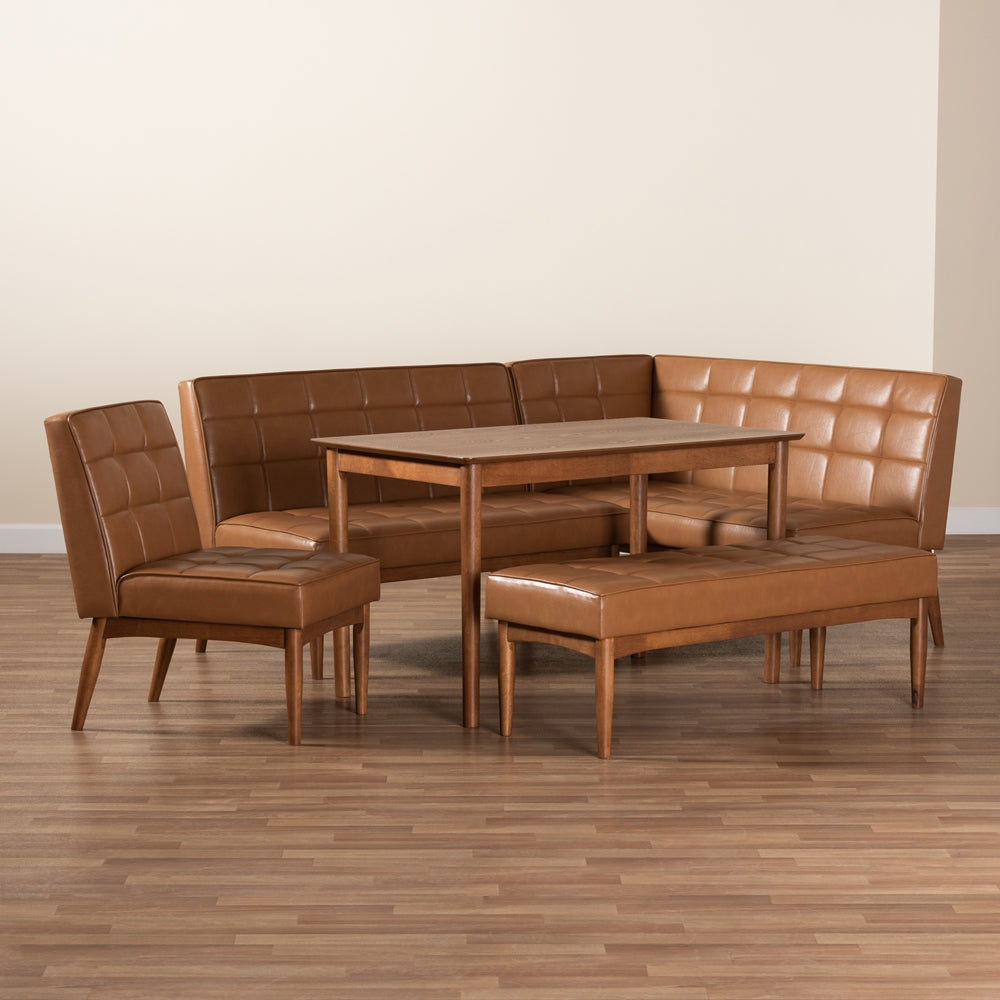 Baxton Studio Sanford Mid-Century Modern Tan Faux Leather Upholstered And Walnut Brown Finished Wood 5-Piece Dining Nook Set