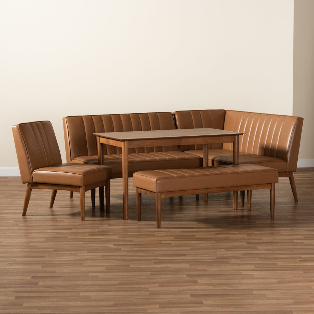 Baxton Studio Daymond Mid-Century Modern Tan Faux Leather Upholstered And Walnut Brown Finished Wood 5-Piece Dining Nook Set