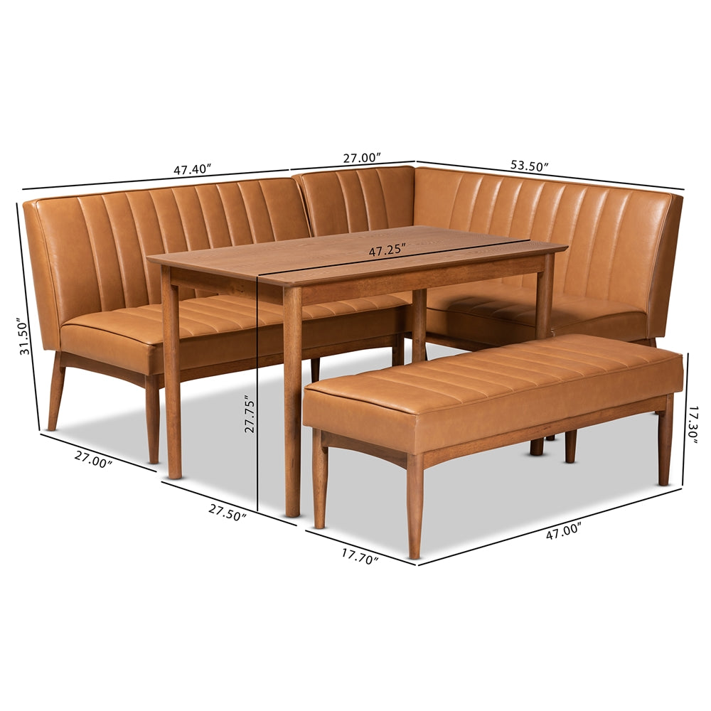 Baxton Studio Daymond Mid-Century Modern Tan Faux Leather Upholstered And Walnut Brown Finished Wood 4-Piece Dining Nook Set