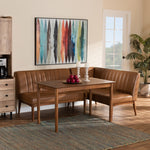 Load image into Gallery viewer, Baxton Studio Daymond Mid-Century Modern Tan Faux Leather Upholstered And Walnut Brown Finished Wood 3-Piece Dining Nook Set
