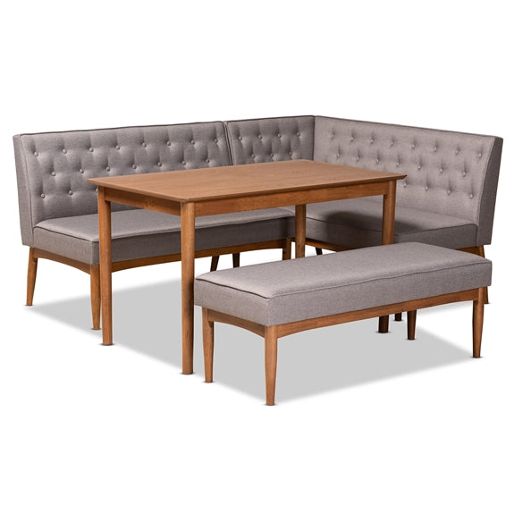 Baxton Studio Riordan Mid-Century Modern Fabric Upholstered and Finished Wood 4-Piece Dining Nook Set