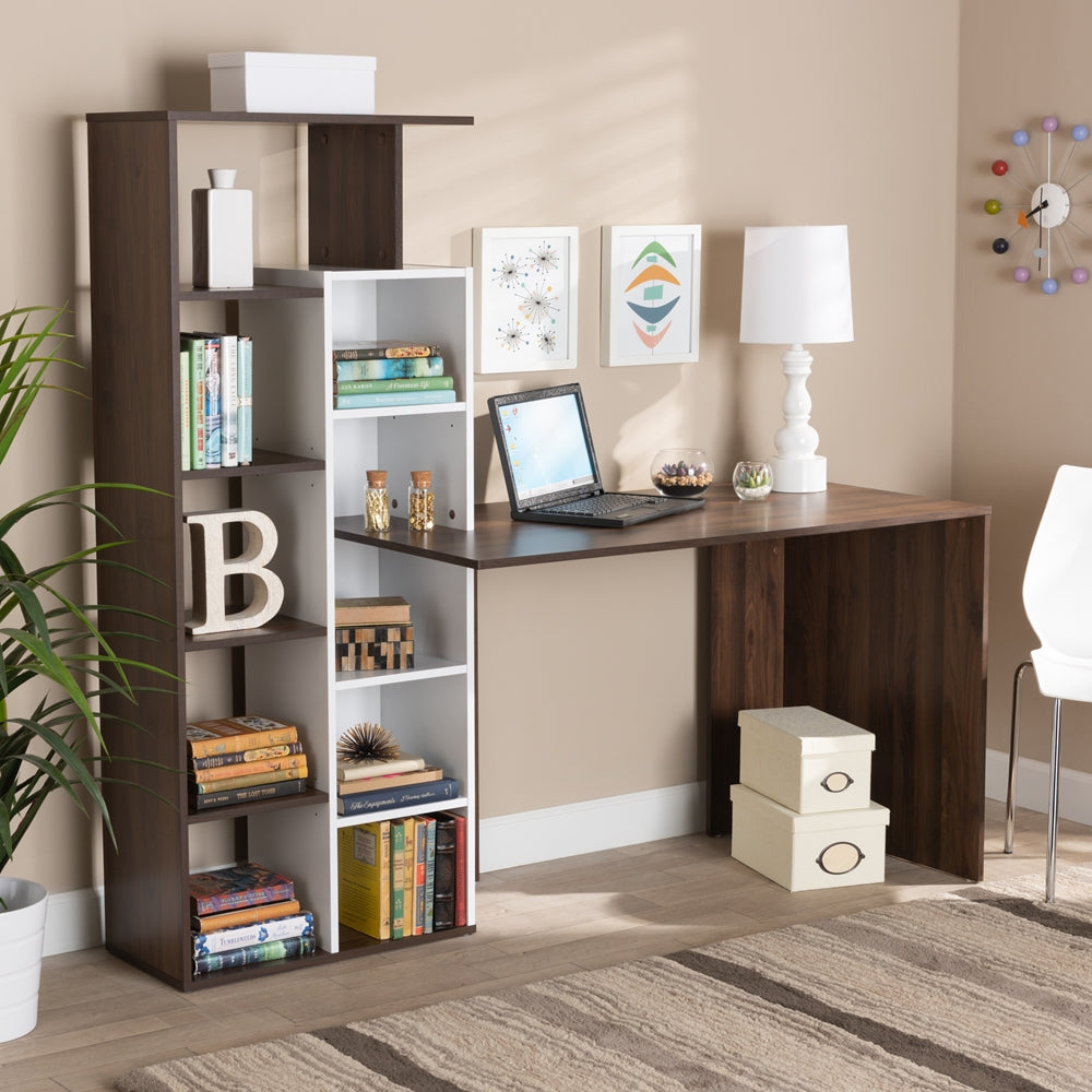 Baxton Studio Rowan Modern And Contemporary Two-Tone White And Walnut Brown Finished Wood Storage Computer Desk With Shelves