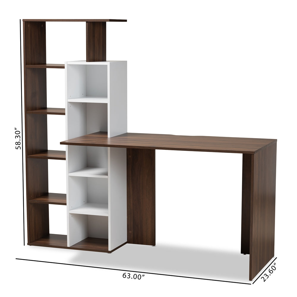 Baxton Studio Rowan Modern And Contemporary Two-Tone White And Walnut Brown Finished Wood Storage Computer Desk With Shelves