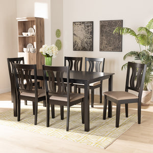 Baxton Studio Fenton Modern And Contemporary Sand Fabric Upholstered And Dark Brown Finished Wood 7-Piece Dining Set