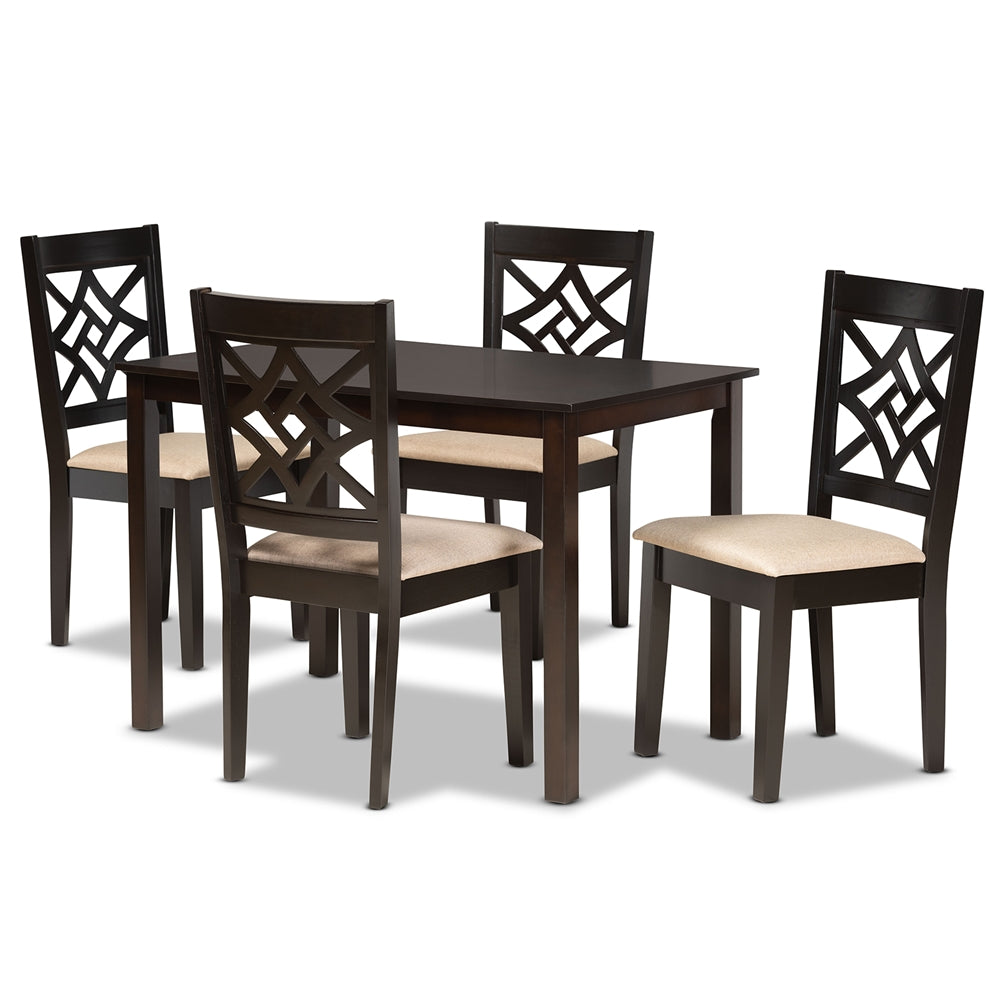 Baxton Studio Nicolette Modern And Contemporary Sand Fabric Upholstered And Dark Brown Finished Wood 5-Piece Dining Set