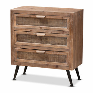 Baxton Studio Calida Mid-Century Modern Whitewashed Natural Brown Finished Wood And Rattan 3-Drawer Storage Cabinet