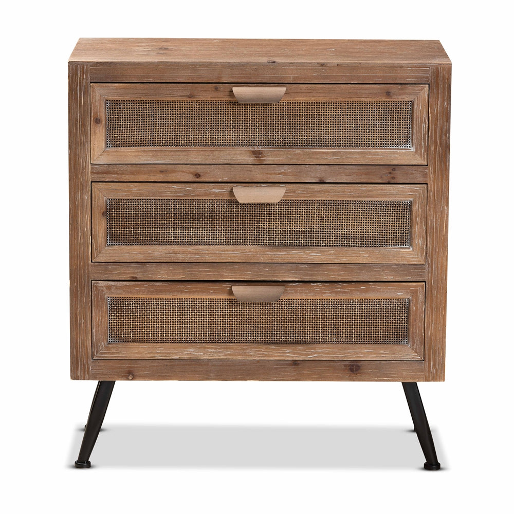 Baxton Studio Calida Mid-Century Modern Whitewashed Natural Brown Finished Wood And Rattan 3-Drawer Storage Cabinet