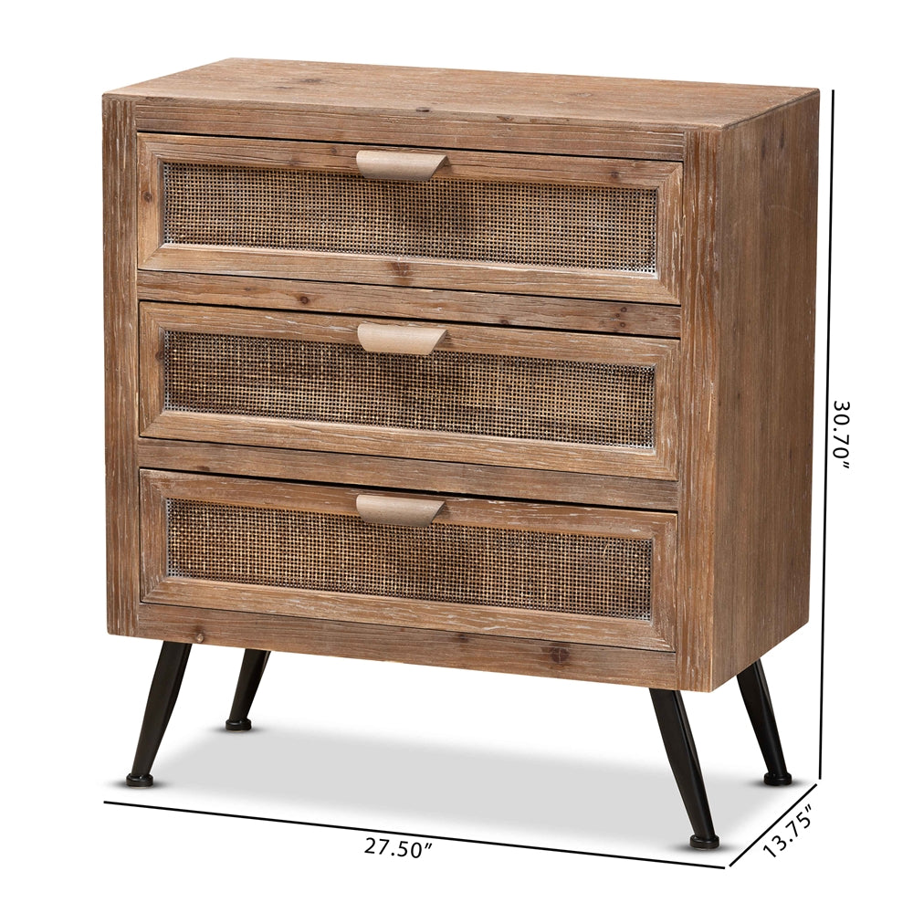 Baxton Studio Calida Mid-Century Modern Whitewashed Natural Brown Finished Wood And Rattan 3-Drawer Storage Cabinet