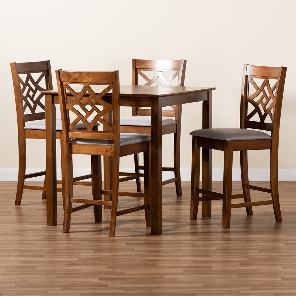 Baxton Studio Nicolette Modern And Contemporary Grey Fabric Upholstered And Walnut Brown Finished Wood 5-Piece Pub Set