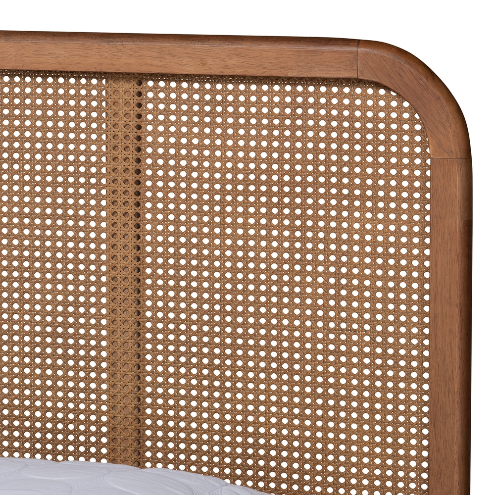 Baxton Studio Elston Mid-Century Modern Walnut Brown Finished Wood And Synthetic Rattan Full Size Platform Bed