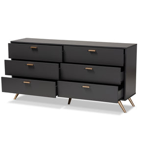 Baxton Studio Kelson Modern And Contemporary Dark Grey And Gold Finished Wood 6-Drawer Dresser