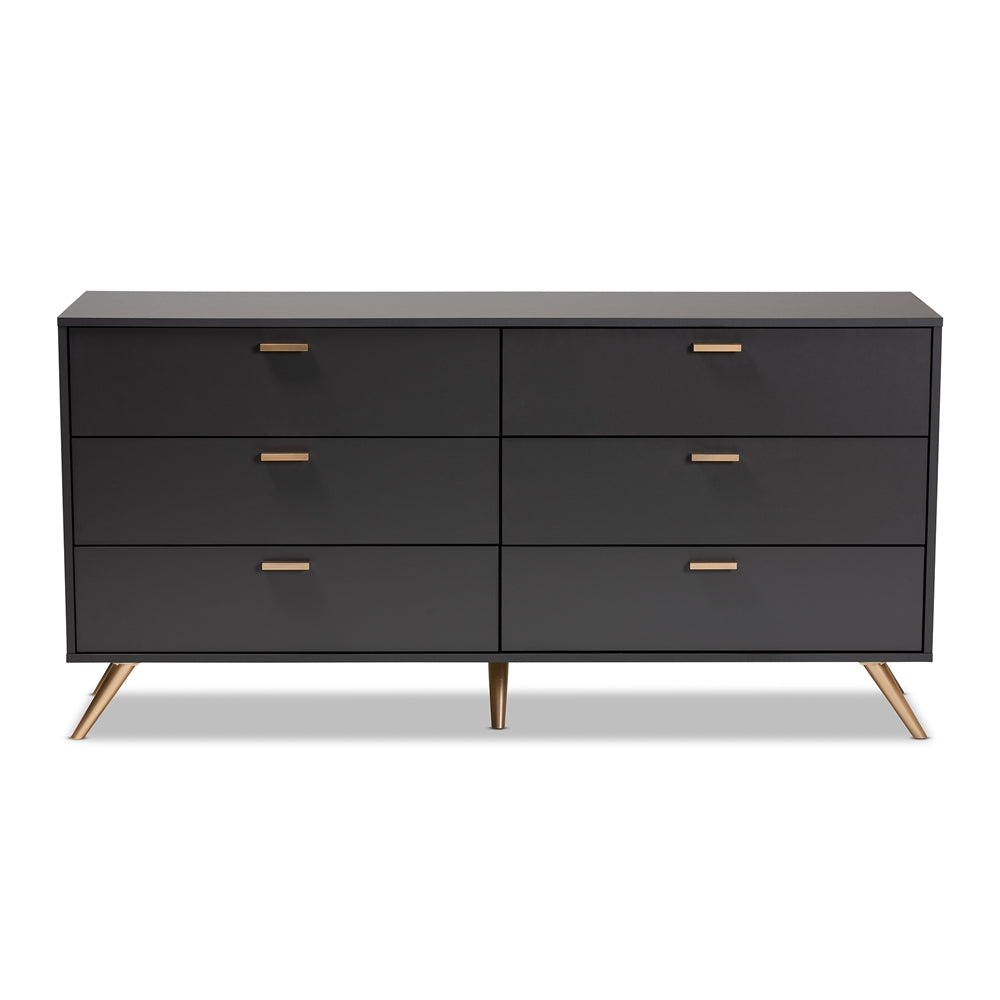 Baxton Studio Kelson Modern And Contemporary Dark Grey And Gold Finished Wood 6-Drawer Dresser