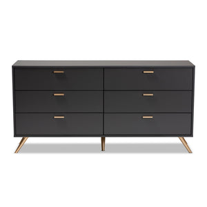 Baxton Studio Kelson Modern And Contemporary Dark Grey And Gold Finished Wood 6-Drawer Dresser