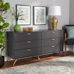 BAXTON STUDIO KELSON MODERN AND CONTEMPORARY DARK GREY AND GOLD FINISHED WOOD 6-DRAWER DRESSER