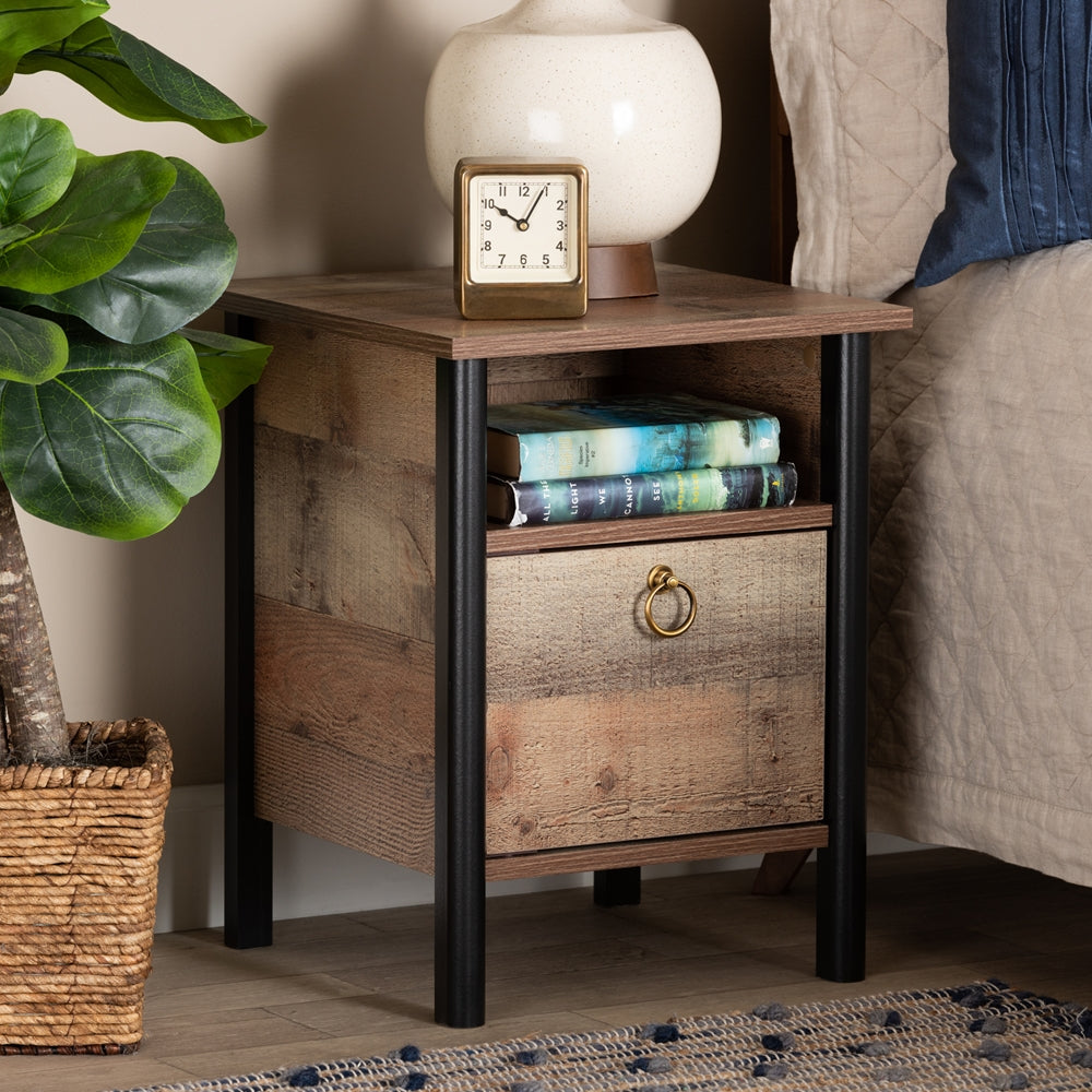 BAXTON STUDIO VAUGHAN MODERN AND CONTEMPORARY TWO-TONE RUSTIC OAK BROWN AND BLACK FINISHED WOOD NIGHTSTAND