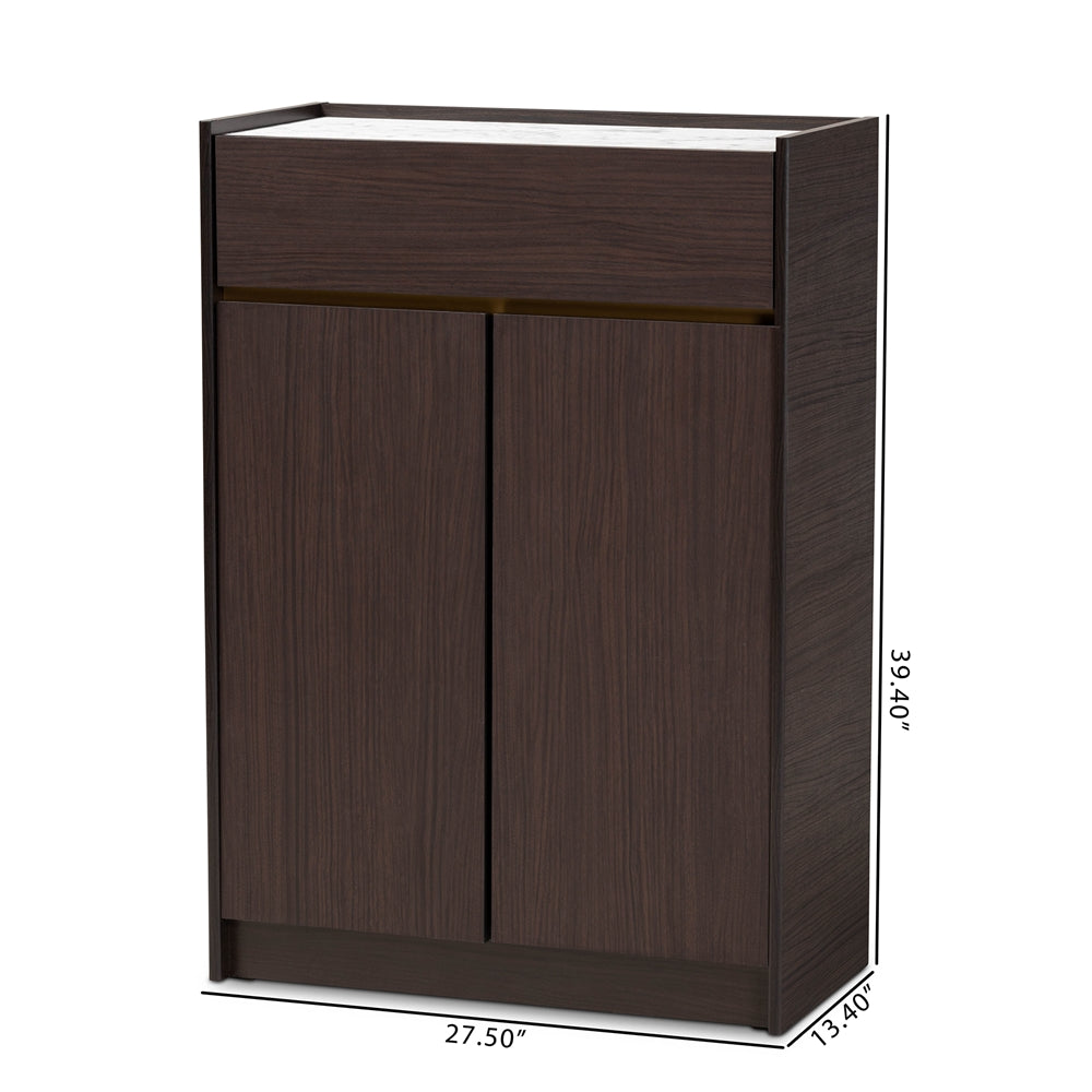 Baxton Studio Walker Modern And Contemporary Dark Brown And Gold Finished Wood Shoe Cabinet With Faux Marble Top