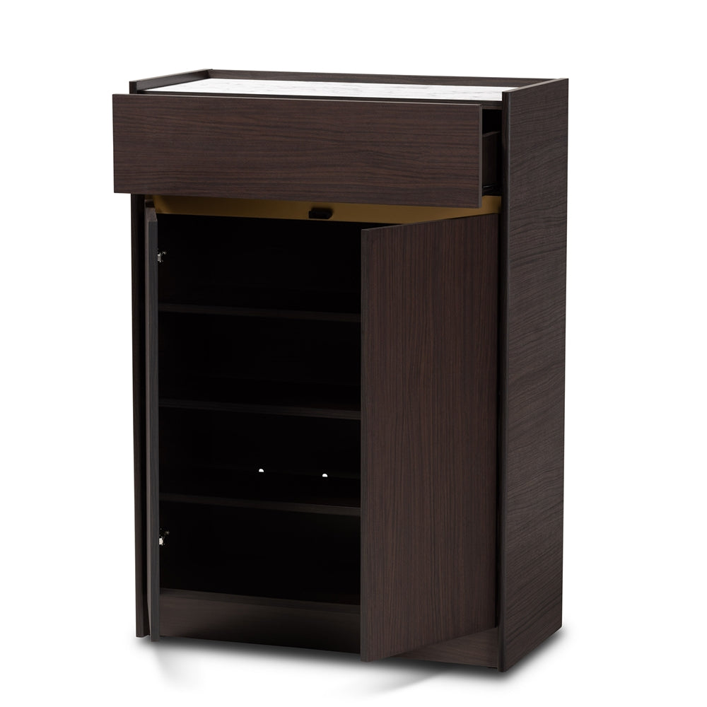 Baxton Studio Walker Modern And Contemporary Dark Brown And Gold Finished Wood Shoe Cabinet With Faux Marble Top