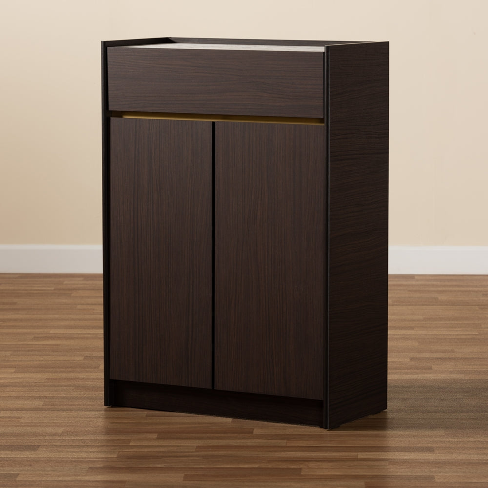 Baxton Studio Walker Modern And Contemporary Dark Brown And Gold Finished Wood Shoe Cabinet With Faux Marble Top