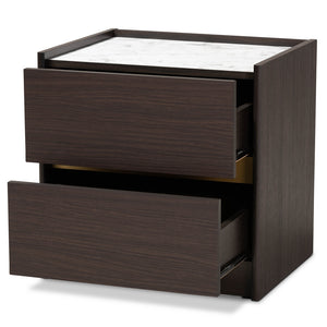 Baxton Studio Walker Modern And Contemporary Dark Brown And Gold Finished Wood Nightstand With Faux Marble Top