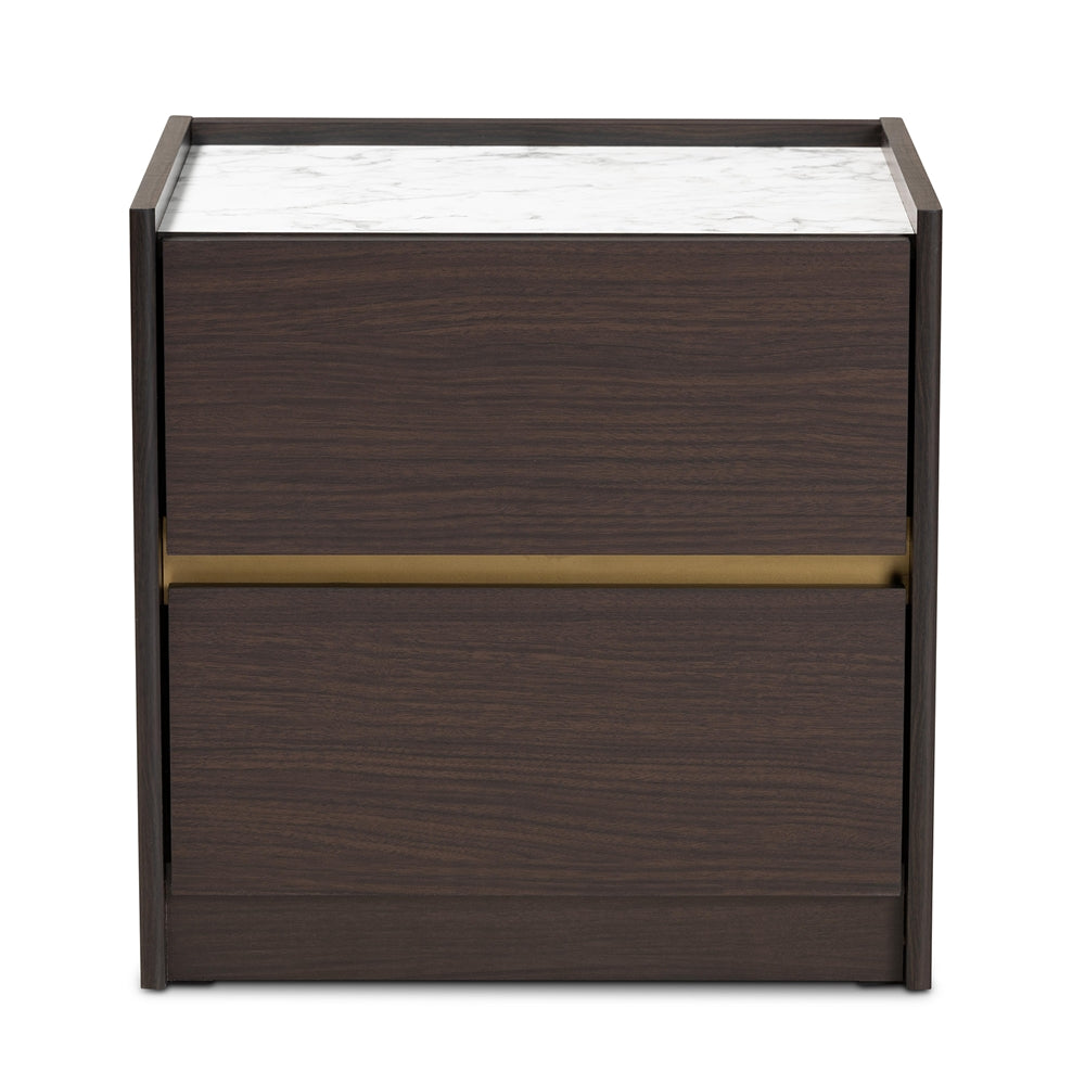 Baxton Studio Walker Modern And Contemporary Dark Brown And Gold Finished Wood Nightstand With Faux Marble Top