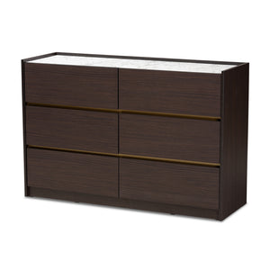 Baxton Studio Walker Modern and Contemporary and Finished Wood 6-Drawer Dresser with Faux Marble Top