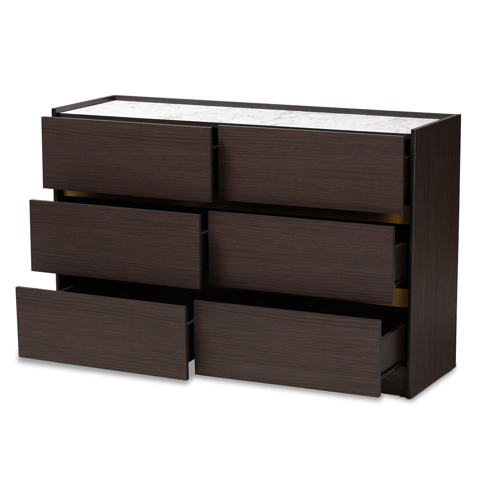 Baxton Studio Walker Modern And Contemporary Dark Brown And Gold Finished Wood 6-Drawer Dresser With Faux Marble Top