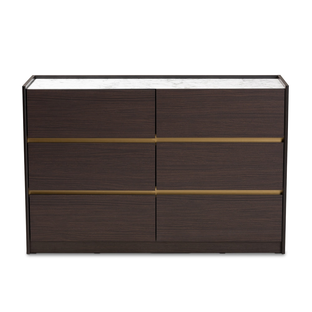 Baxton Studio Walker Modern And Contemporary Dark Brown And Gold Finished Wood 6-Drawer Dresser With Faux Marble Top