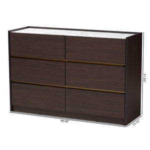 Baxton Studio Walker Modern And Contemporary Dark Brown And Gold Finished Wood 6-Drawer Dresser With Faux Marble Top