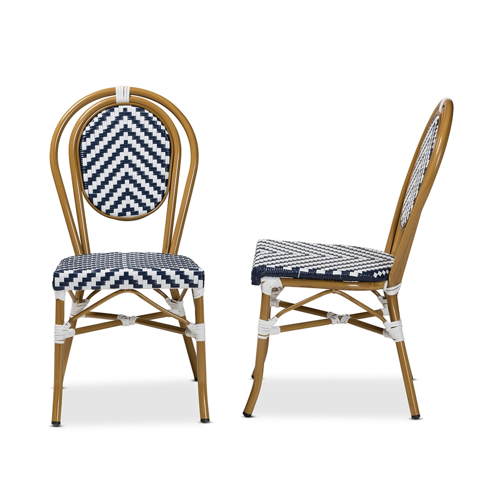 Baxton Studio Alaire Classic French Indoor And Outdoor Blue And White Bamboo Style Stackable 2-Piece Bistro Dining Chair Set