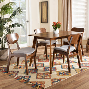 Baxton Studio Katya Mid-Century Modern Grey Fabric Upholstered And Walnut Brown Finished Wood 5-Piece Dining Set