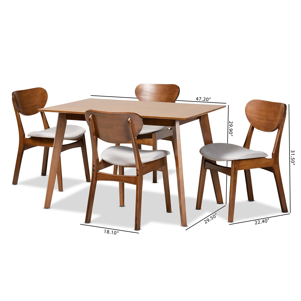 Baxton Studio Katya Mid-Century Modern Grey Fabric Upholstered And Walnut Brown Finished Wood 5-Piece Dining Set