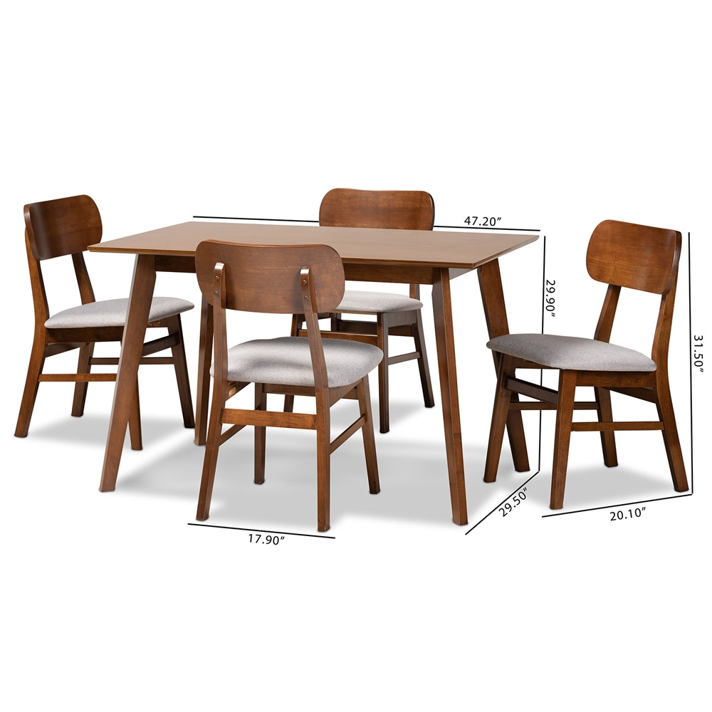 Baxton Studio Euclid Mid-Century Modern Grey Fabric Upholstered And Walnut Brown Finished Wood 5-Piece Dining Set