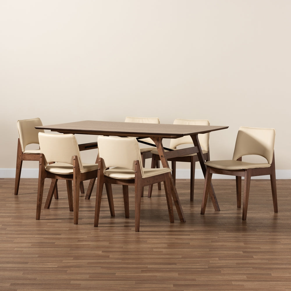 Baxton Studio Afton Mid-Century Modern Beige Faux Leather Upholstered And Walnut Brown Finished Wood 7-Piece Dining Set