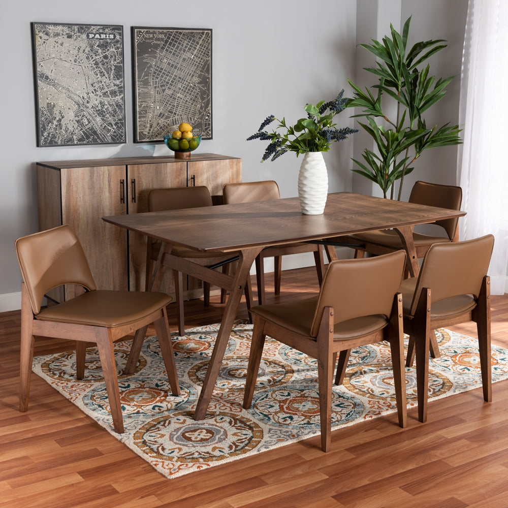 Baxton Studio Afton Mid-Century Modern Brown Faux Leather Upholstered And Walnut Brown Finished Wood 7-Piece Dining Set