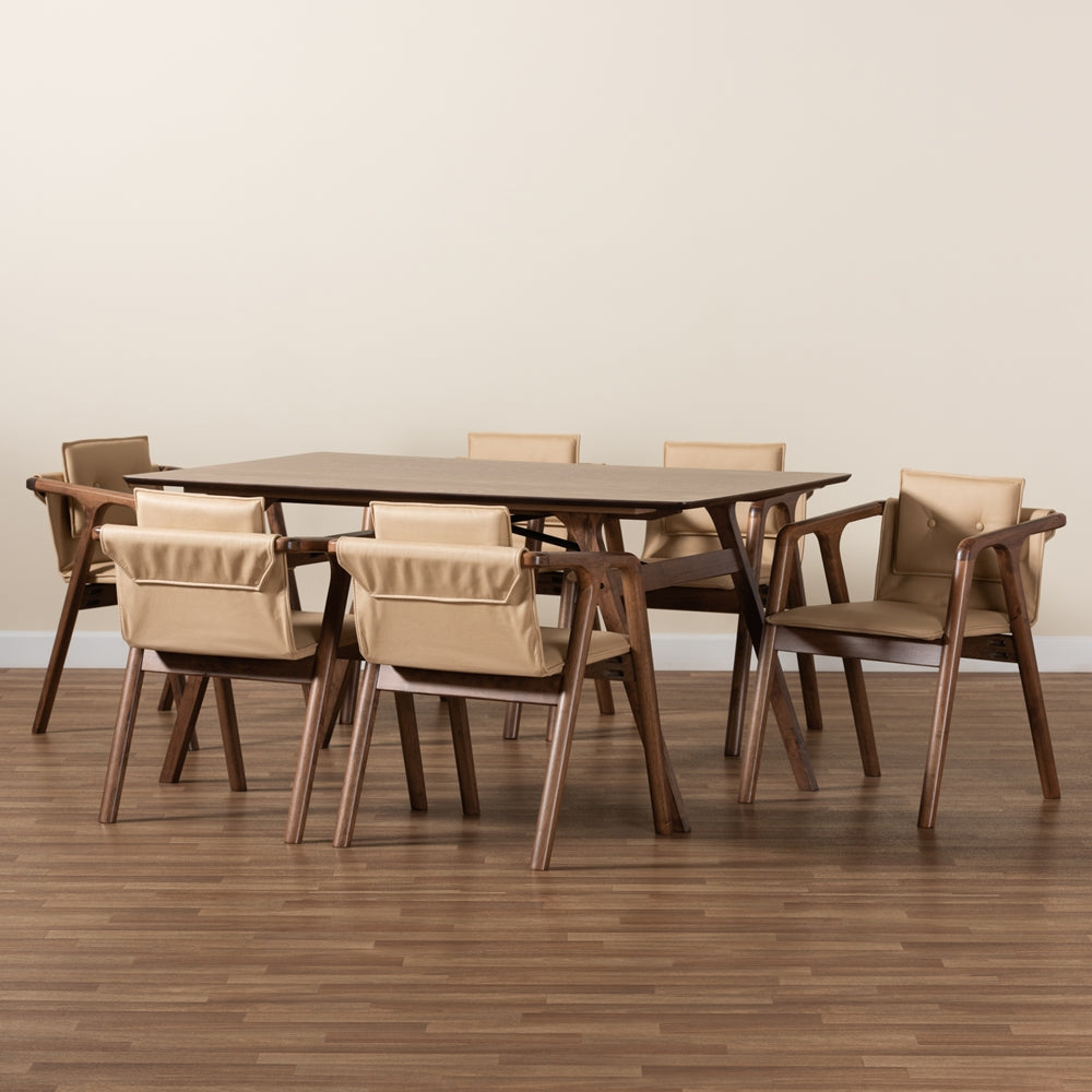 Baxton Studio Marcena Mid-Century Modern Beige Imitation Leather Upholstered And Walnut Brown Finished Wood 7-Piece Dining Set