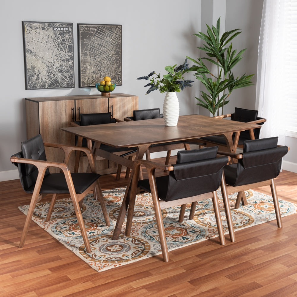 Baxton Studio Marcena Mid-Century Modern Black Imitation Leather Upholstered And Walnut Brown Finished Wood 7-Piece Dining Set