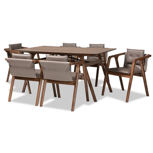 Baxton Studio Marcena Mid-Century Modern Grey Imitation Leather Upholstered And Walnut Brown Finished Wood 7-Piece Dining Set