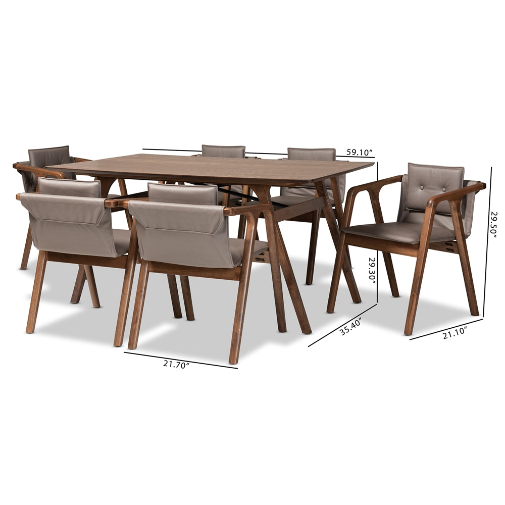 Baxton Studio Marcena Mid-Century Modern Grey Imitation Leather Upholstered And Walnut Brown Finished Wood 7-Piece Dining Set