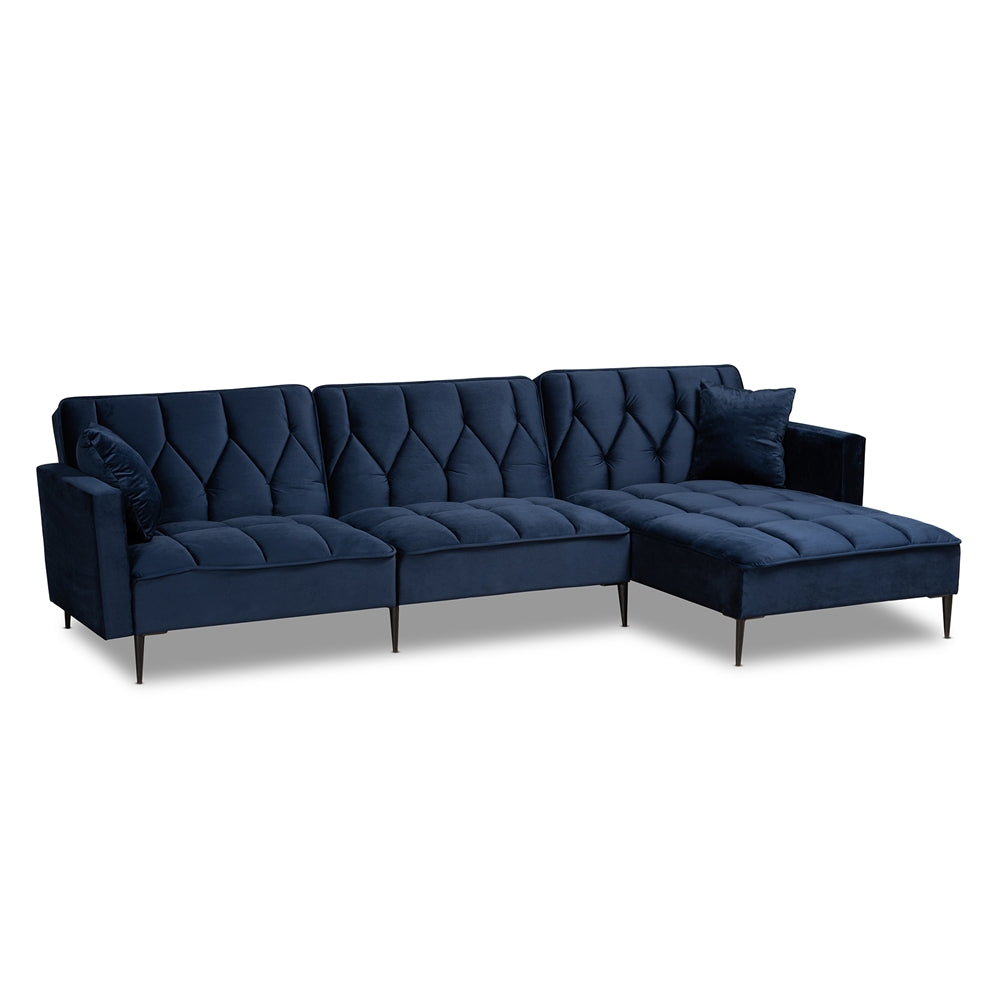 Baxton Studio Galena Contemporary Glam and Luxe Velvet Fabric Upholstered and Black Metal Sectional Sofa with Right Facing Chaise