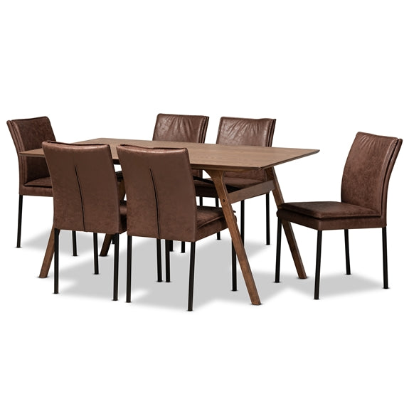 Baxton Studio Gerard Modern and Contemporary Distressed Fabric Upholstered and Finished Metal with Walnut Brown Finished Wood 7-Piece Dining Set