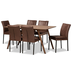 Baxton Studio Gerard Modern and Contemporary Distressed Fabric Upholstered and Finished Metal with Walnut Brown Finished Wood 7-Piece Dining Set