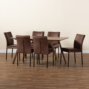 Baxton Studio Gerard Modern And Contemporary Distressed Brown Fabric Upholstered And Black Finished Metal With Walnut Brown Finished Wood 7-Piece Dining Set